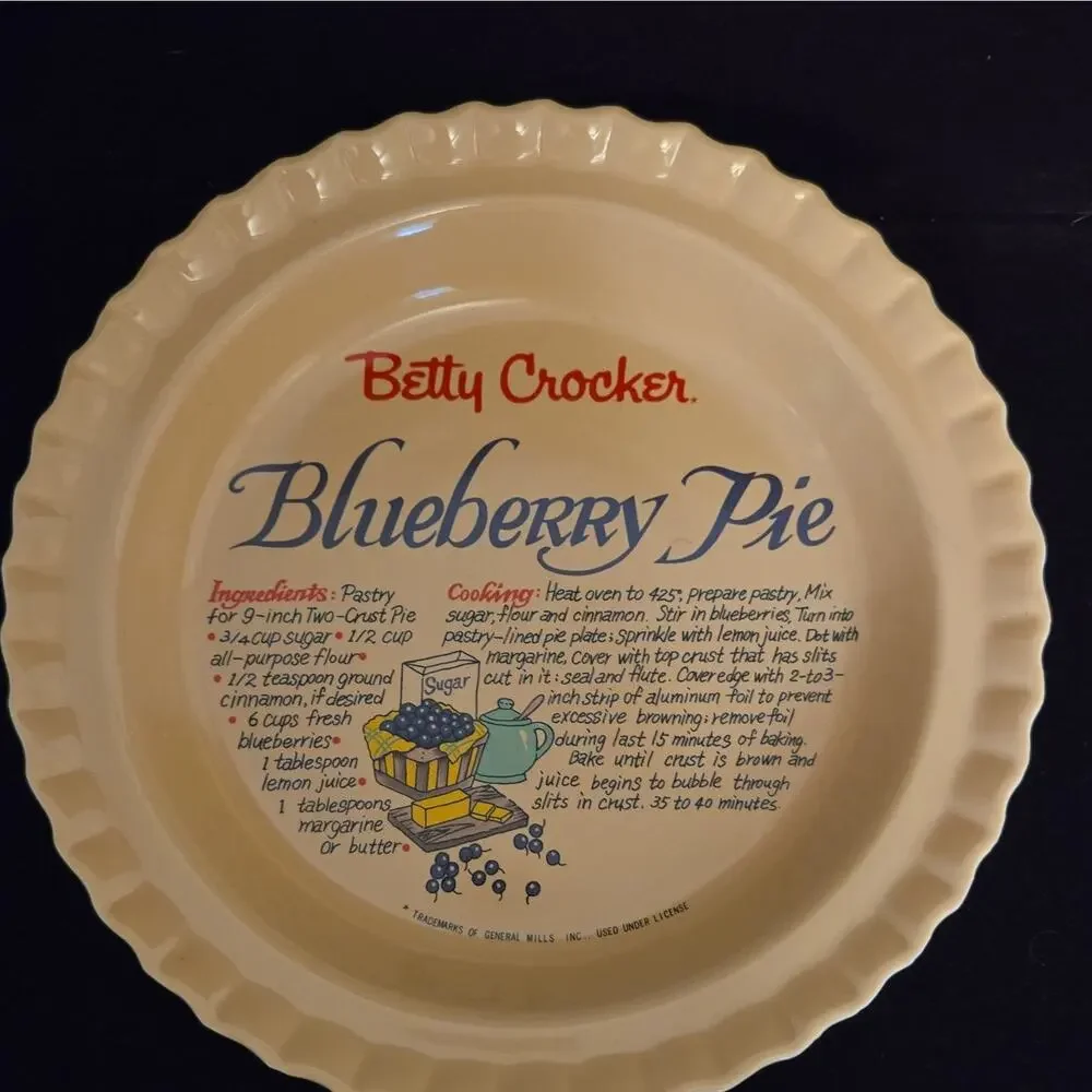 Vtg Betty Crocker Blueberry Pie Recipe Plate Ceramic Baking Dish Fluted 10
